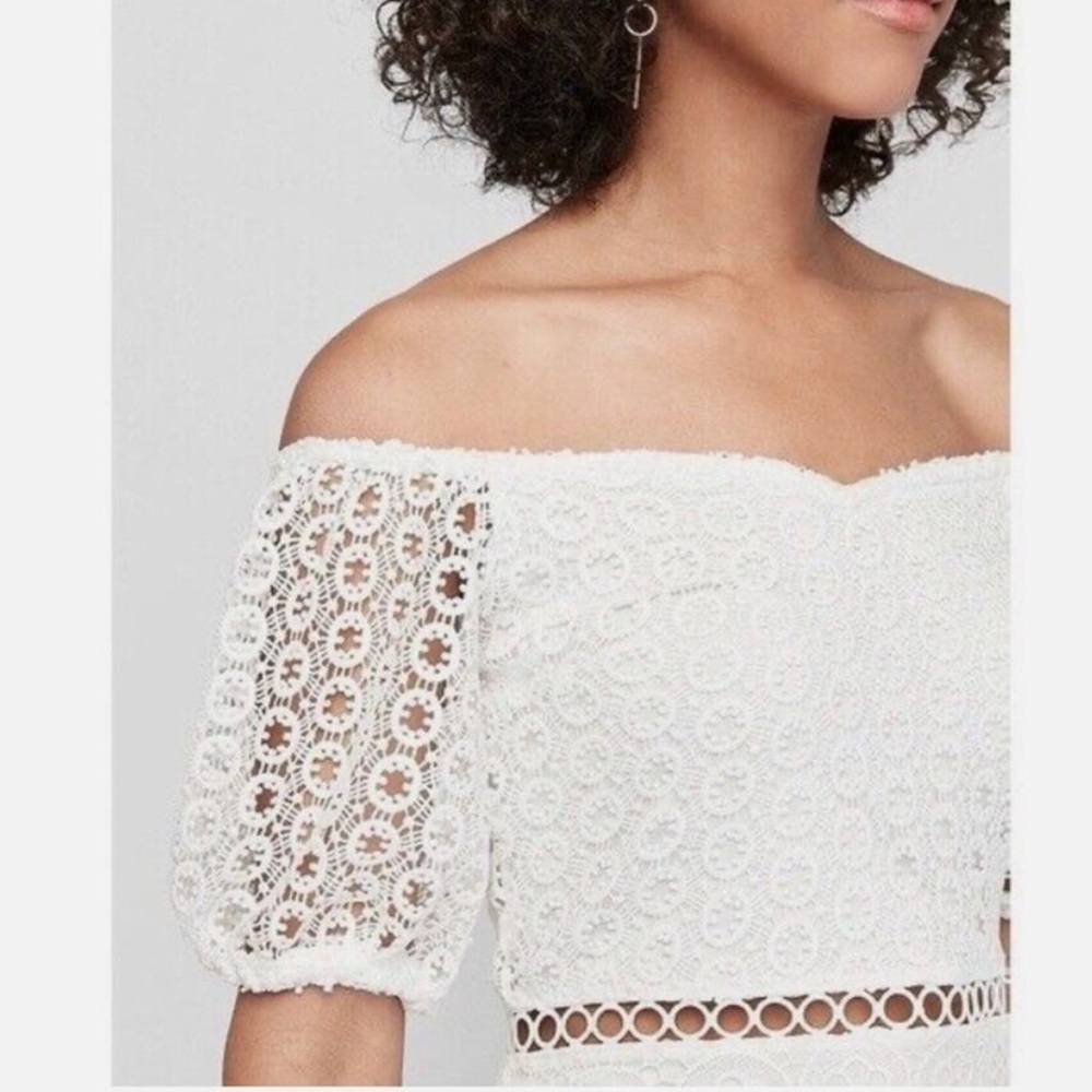 Express White Off The Shoulder Crochet Lace Midi Pencil Dress XS NEW - Picture 3 of 10